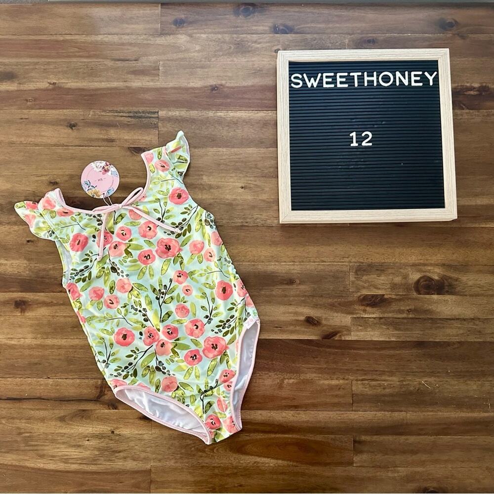 NWT SweetHoney Leotard Coral Dawn 12 Green Pink Floral Sleeveless Gymnastics